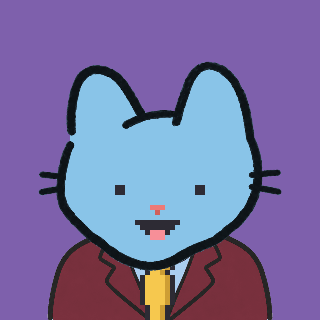 Employee #2842 — a sky cat, in a burgundy suit, with a gold tie, on plasma violet