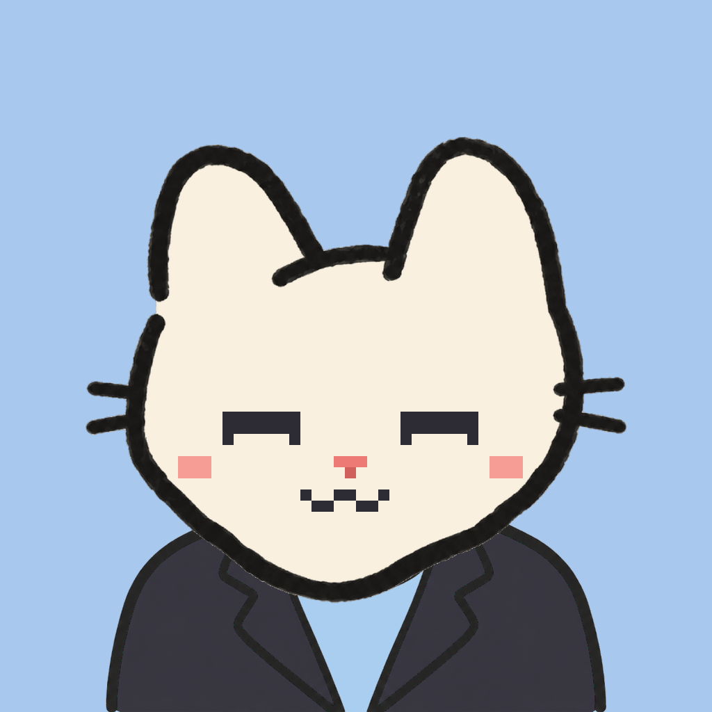 Employee #2843 — a cream cat, in a black suit, on sky