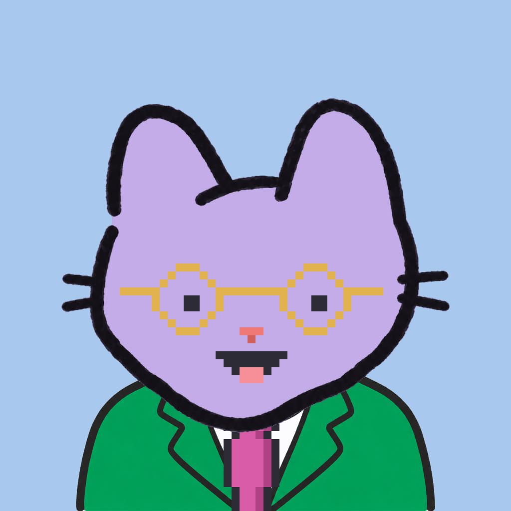 Employee #2844 — a lavender cat, in a green suit, with a magenta tie, wearing round-gold glasses, on sky