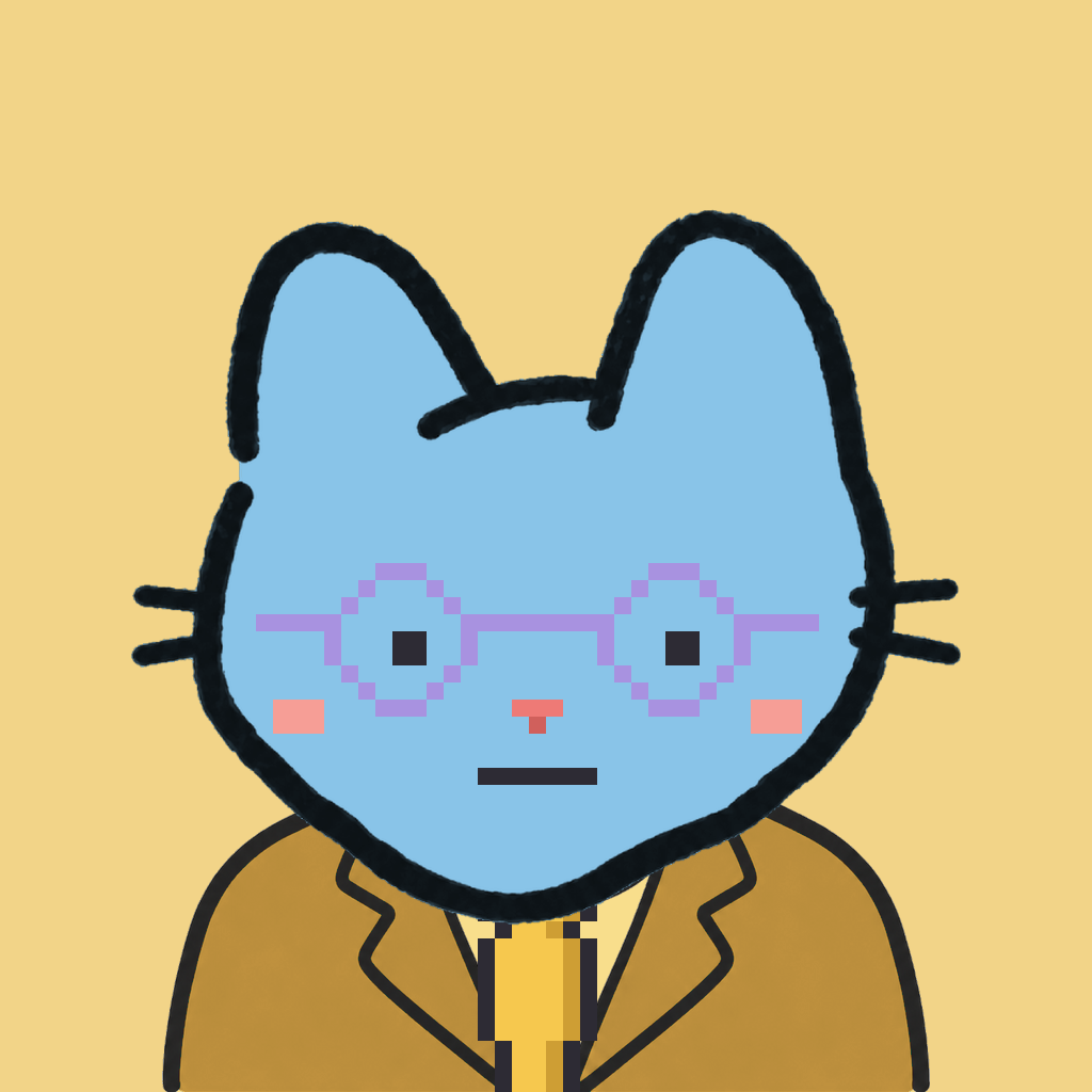 Employee #2845 — a sky cat, in a mustard suit, with a gold tie, wearing round-lavender glasses, on butter