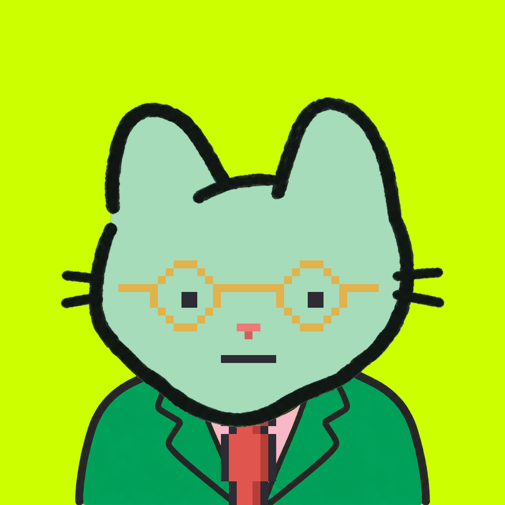 Employee #2846 — a mint cat, in a green suit, with a red tie, wearing round-gold glasses, on volt