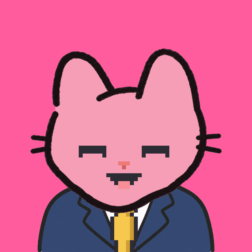 Employee #2847 — a pink cat, in a navy suit, with a gold tie, on hot pink