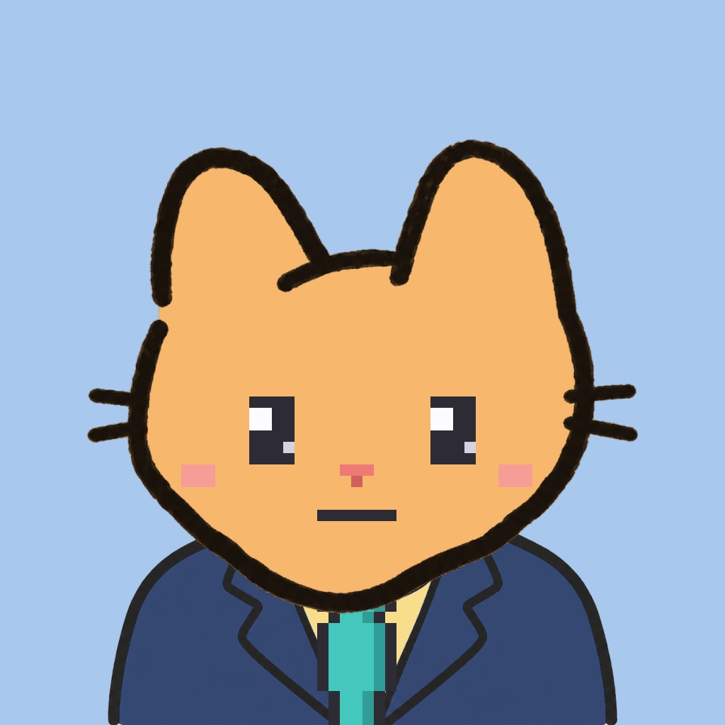 Employee #2848 — a tabby cat, in a navy suit, with a teal tie, on sky