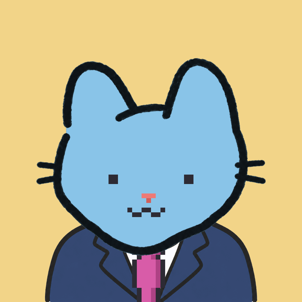 Employee #2849 — a sky cat, in a navy suit, with a magenta tie, on butter