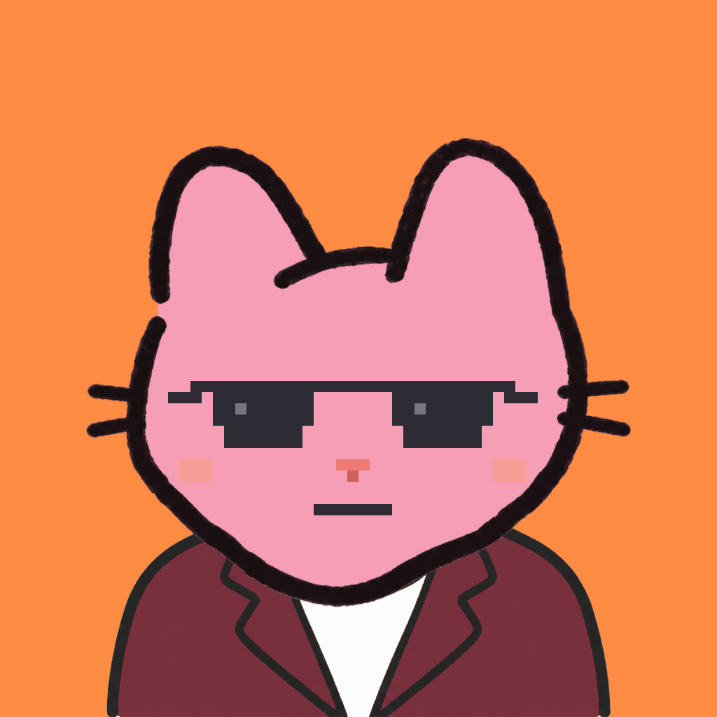 Employee #0285 — a pink cat, in a burgundy suit, wearing shades glasses, on tangerine