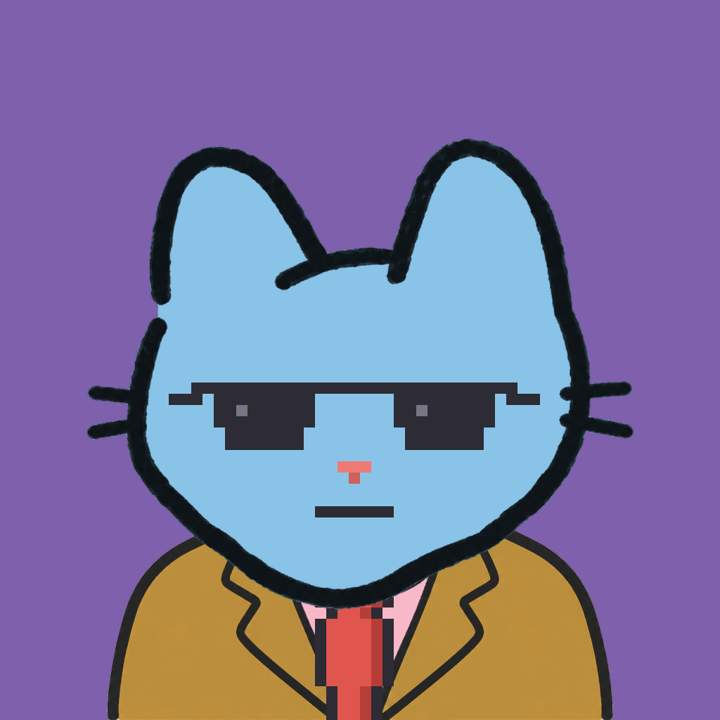 Employee #2850 — a sky cat, in a mustard suit, with a red tie, wearing shades glasses, on plasma violet
