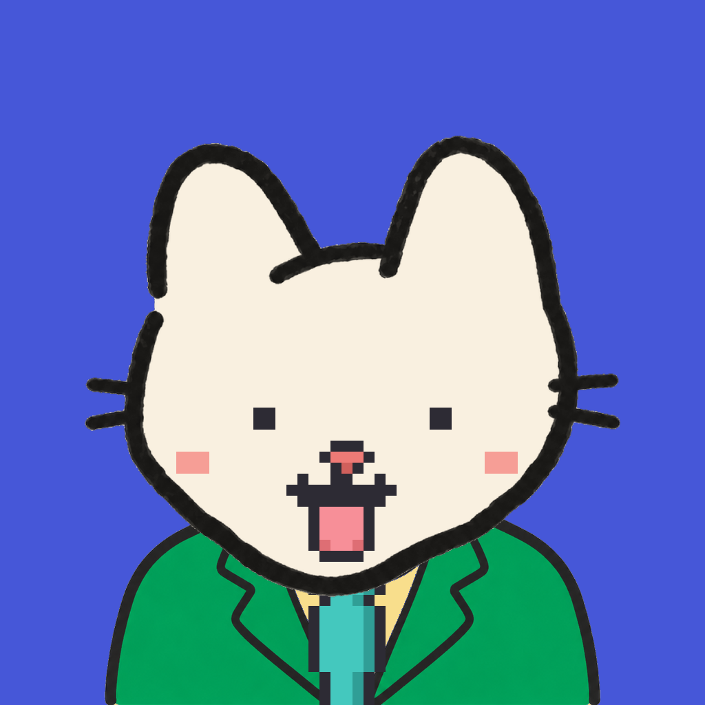 Employee #2851 — a cream cat, in a green suit, with a teal tie, on royal
