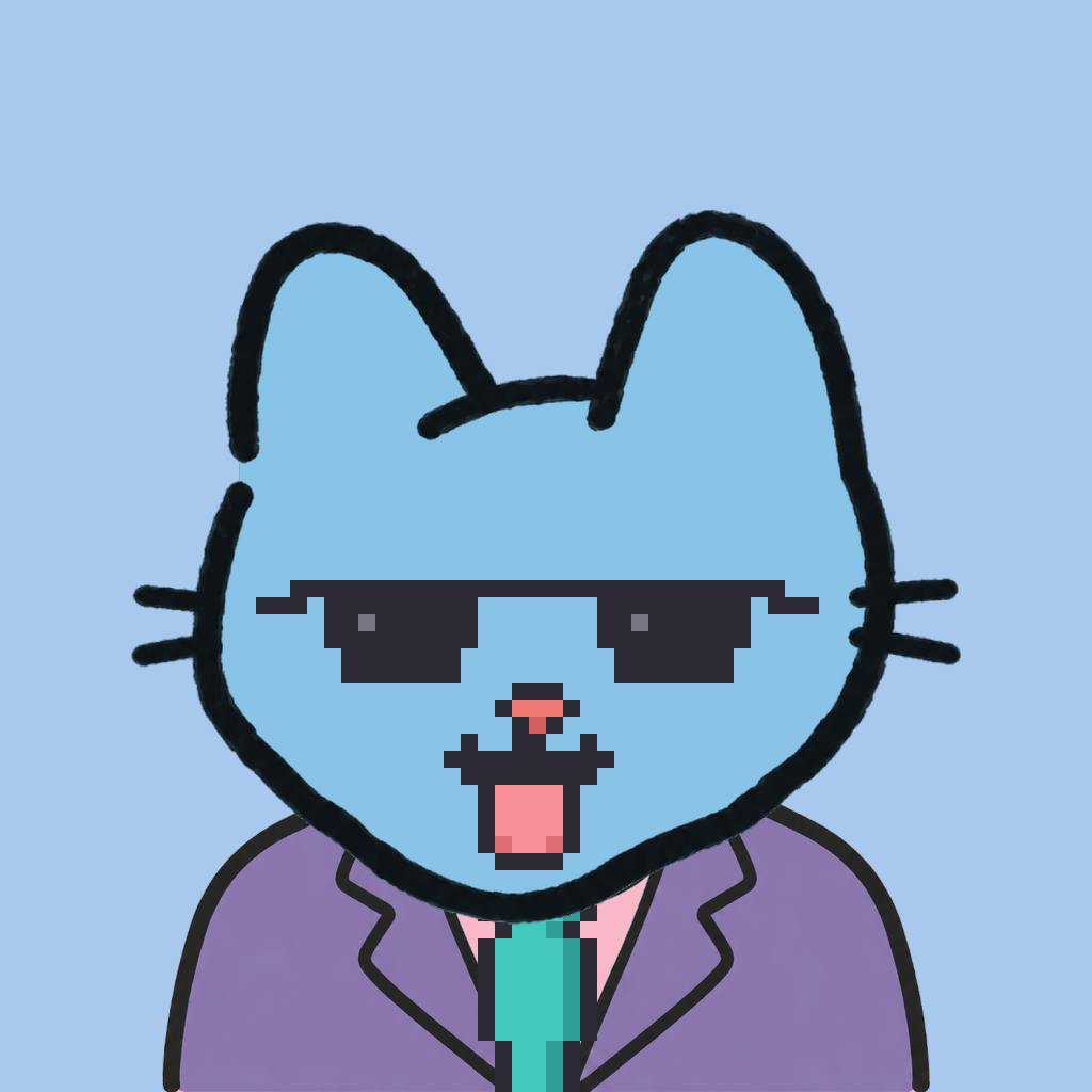 Employee #2852 — a sky cat, in a lavender suit, with a teal tie, wearing shades glasses, on sky