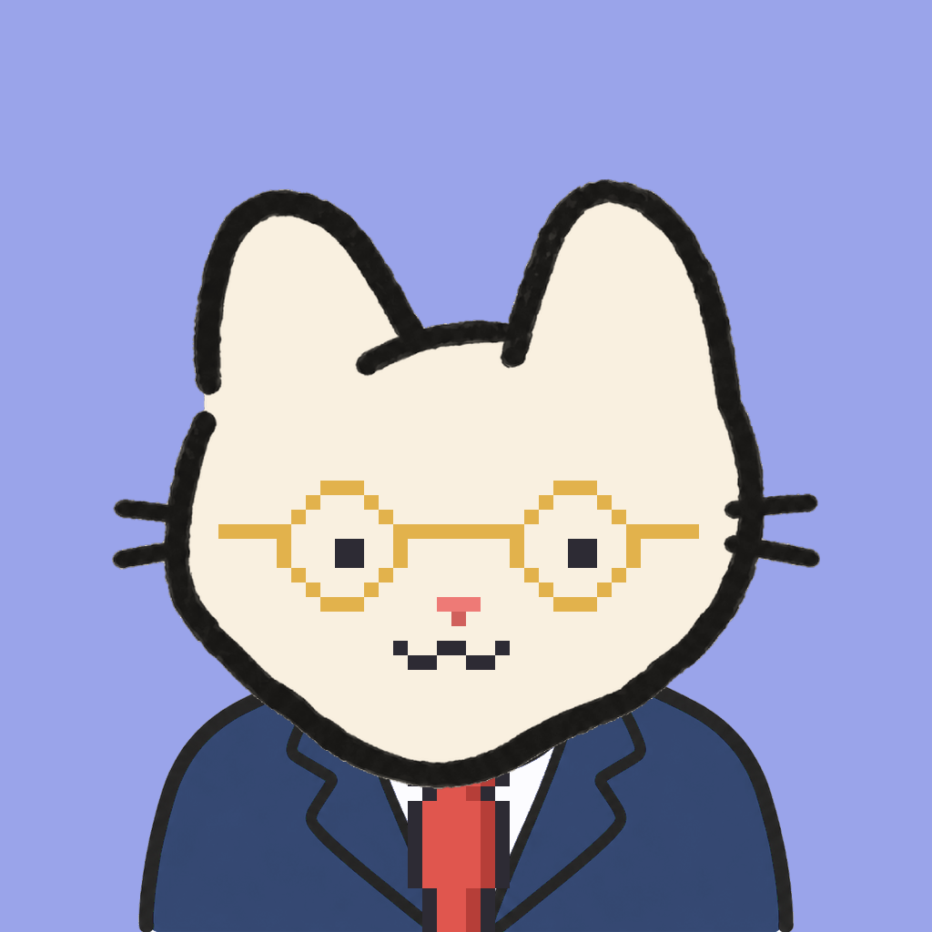Employee #2853 — a cream cat, in a navy suit, with a red tie, wearing round-gold glasses, on periwinkle