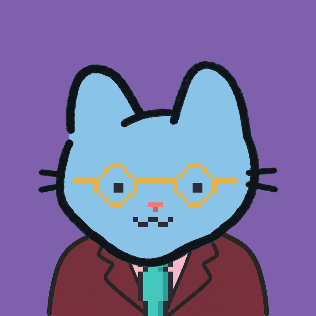 Employee #2854 — a sky cat, in a burgundy suit, with a teal tie, wearing round-gold glasses, on plasma violet