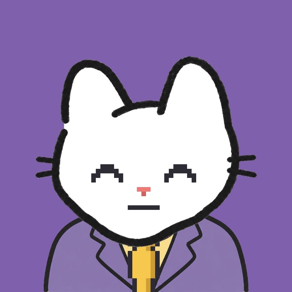 Employee #2855 — a white cat, in a lavender suit, with a gold tie, on plasma violet