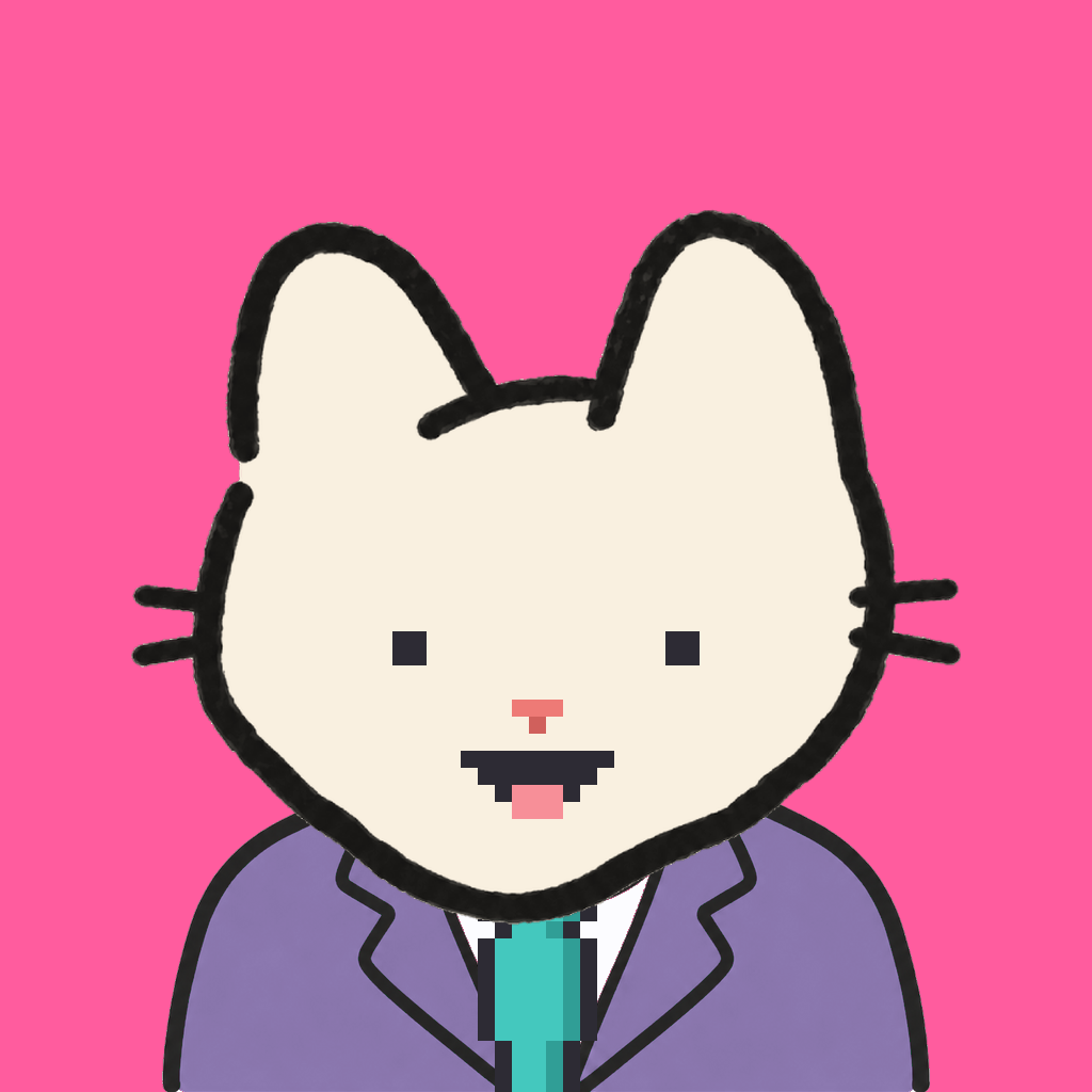 Employee #2856 — a cream cat, in a lavender suit, with a teal tie, on hot pink