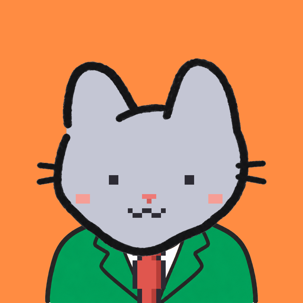 Employee #2857 — a gray cat, in a green suit, with a red tie, on tangerine