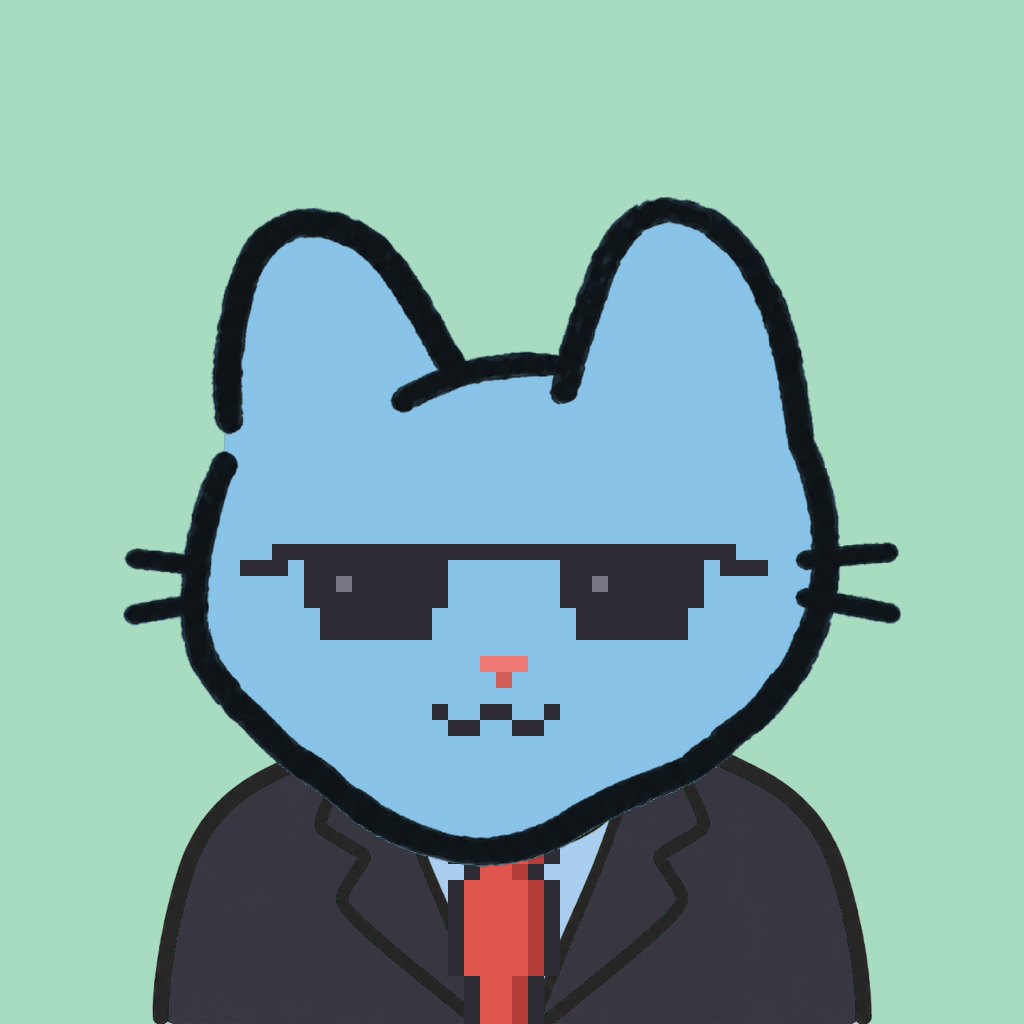 Employee #2858 — a sky cat, in a black suit, with a red tie, wearing shades glasses, on mint