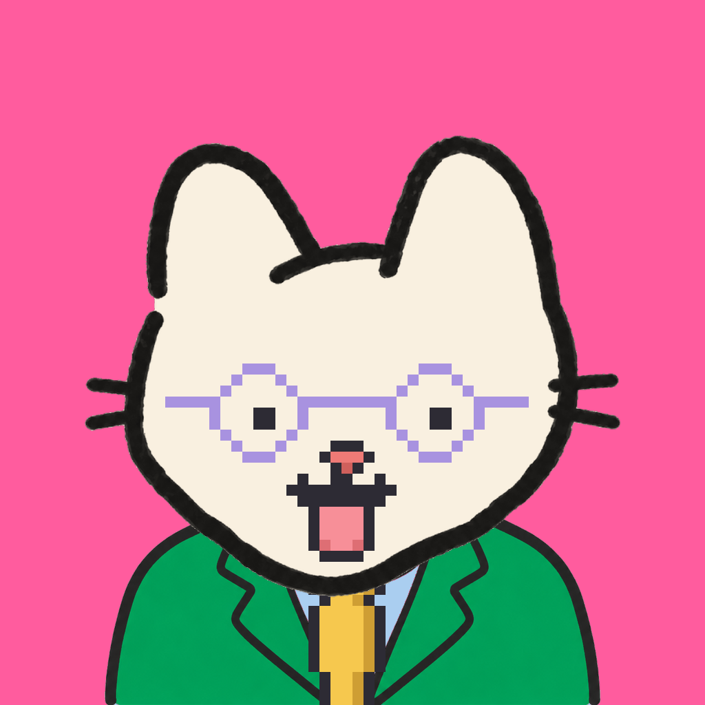 Employee #2859 — a cream cat, in a green suit, with a gold tie, wearing round-lavender glasses, on hot pink