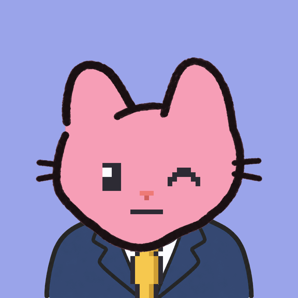 Employee #0286 — a pink cat, in a navy suit, with a gold tie, on periwinkle