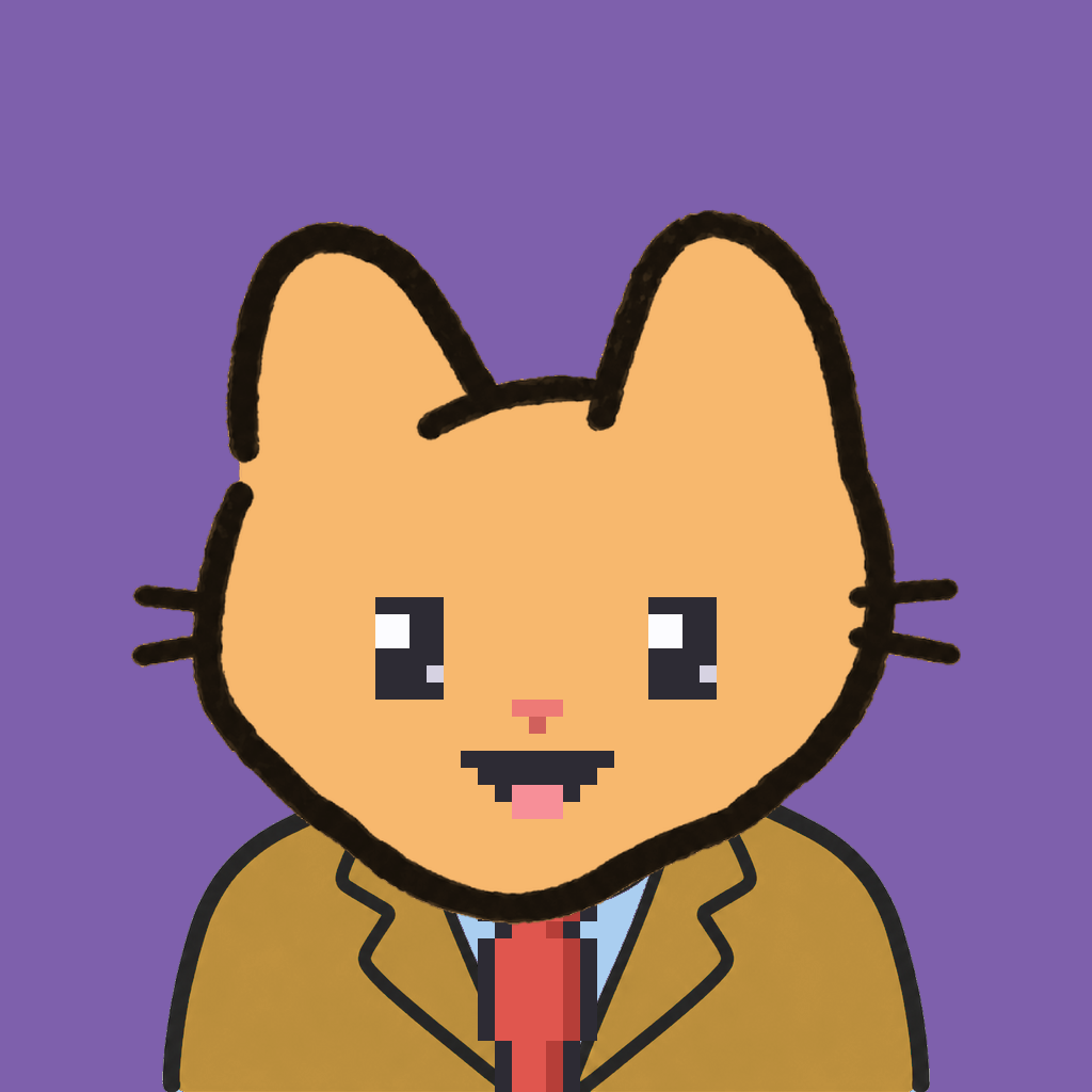 Employee #2860 — a tabby cat, in a mustard suit, with a red tie, on plasma violet