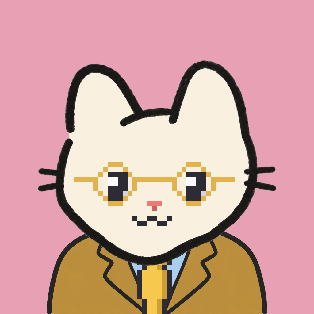 Employee #2861 — a cream cat, in a mustard suit, with a gold tie, wearing round-gold glasses, on rose