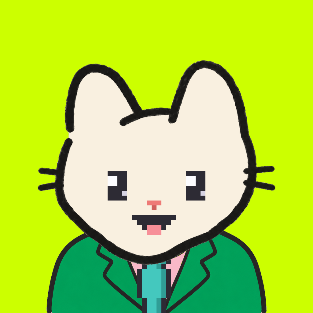 Employee #2862 — a cream cat, in a green suit, with a teal tie, on volt