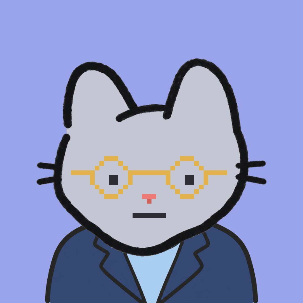 Employee #2863 — a gray cat, in a navy suit, wearing round-gold glasses, on periwinkle