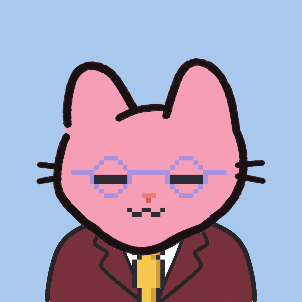 Employee #2864 — a pink cat, in a burgundy suit, with a gold tie, wearing round-lavender glasses, on sky