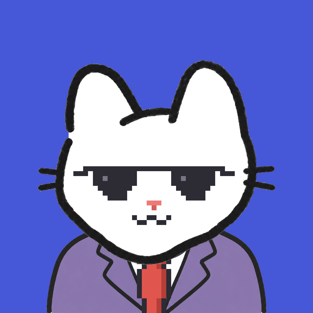 Employee #2865 — a white cat, in a lavender suit, with a red tie, wearing shades glasses, on royal