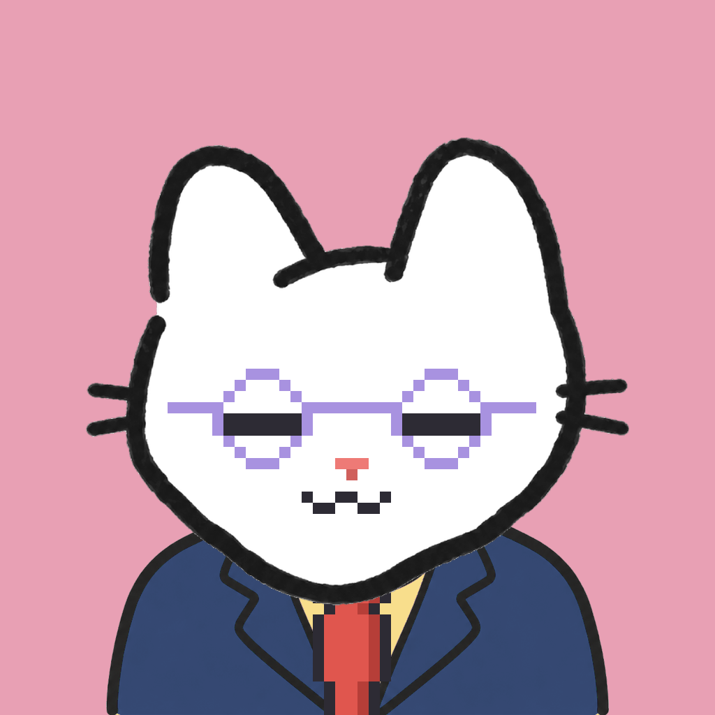 Employee #2866 — a white cat, in a navy suit, with a red tie, wearing round-lavender glasses, on rose