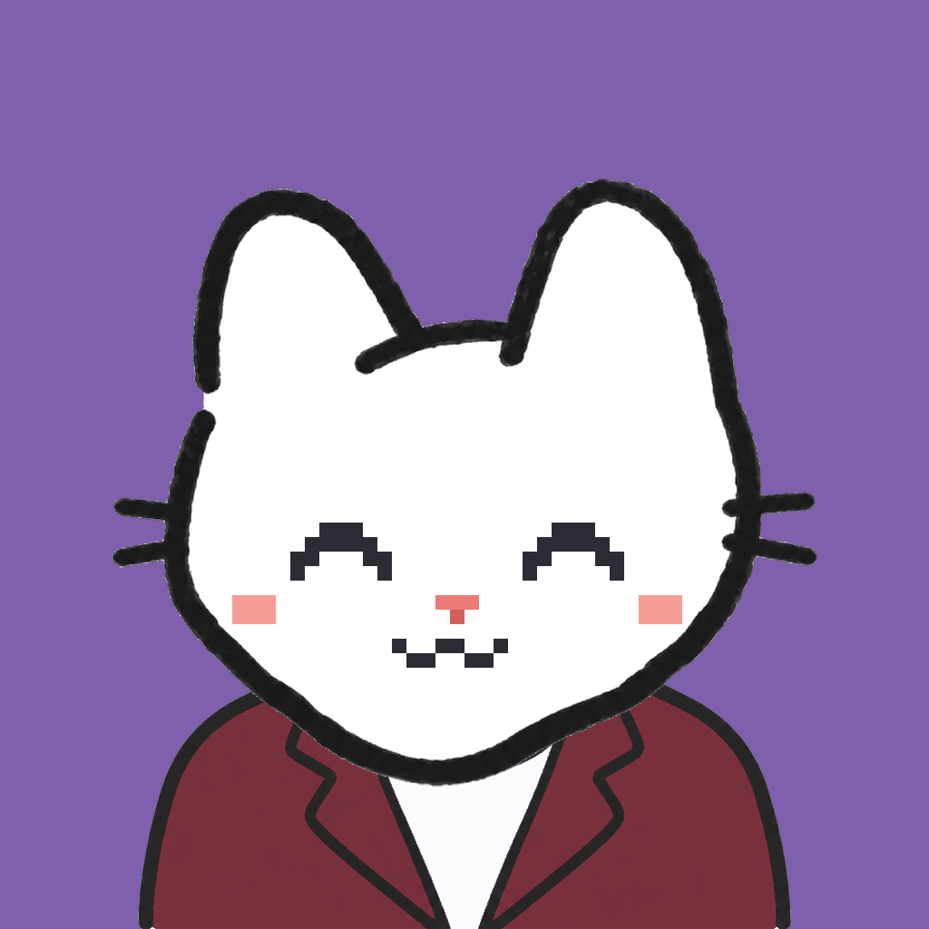 Employee #2867 — a white cat, in a burgundy suit, on plasma violet