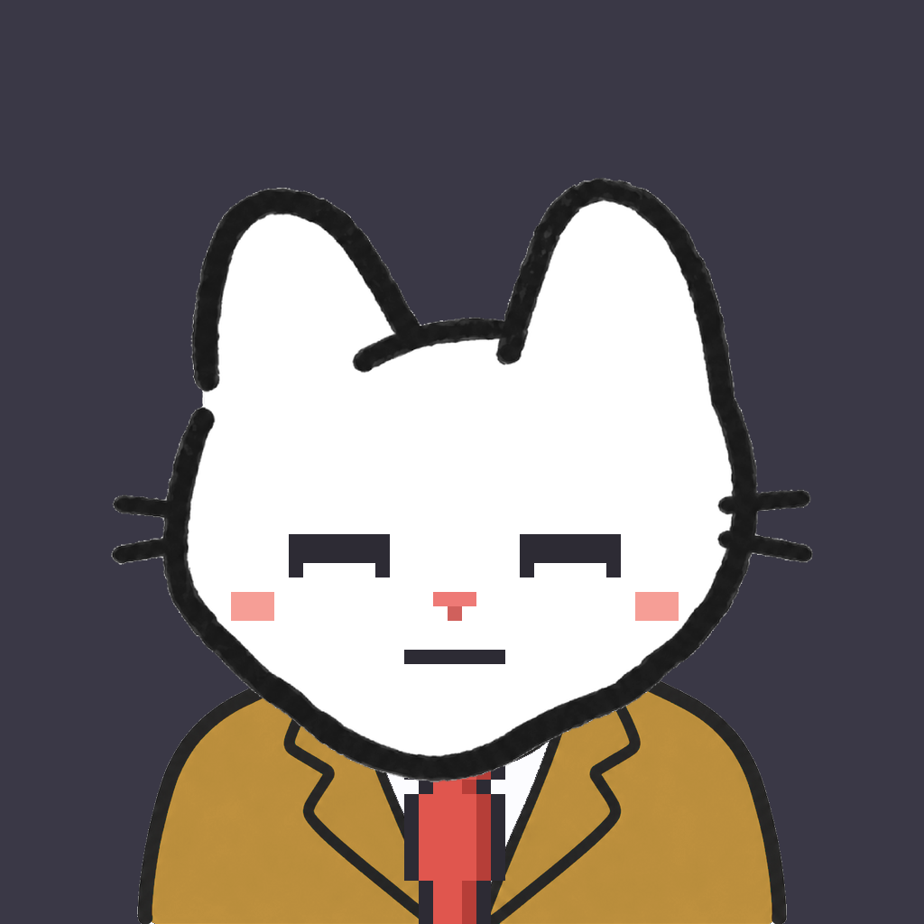 Employee #2868 — a white cat, in a mustard suit, with a red tie, on charcoal