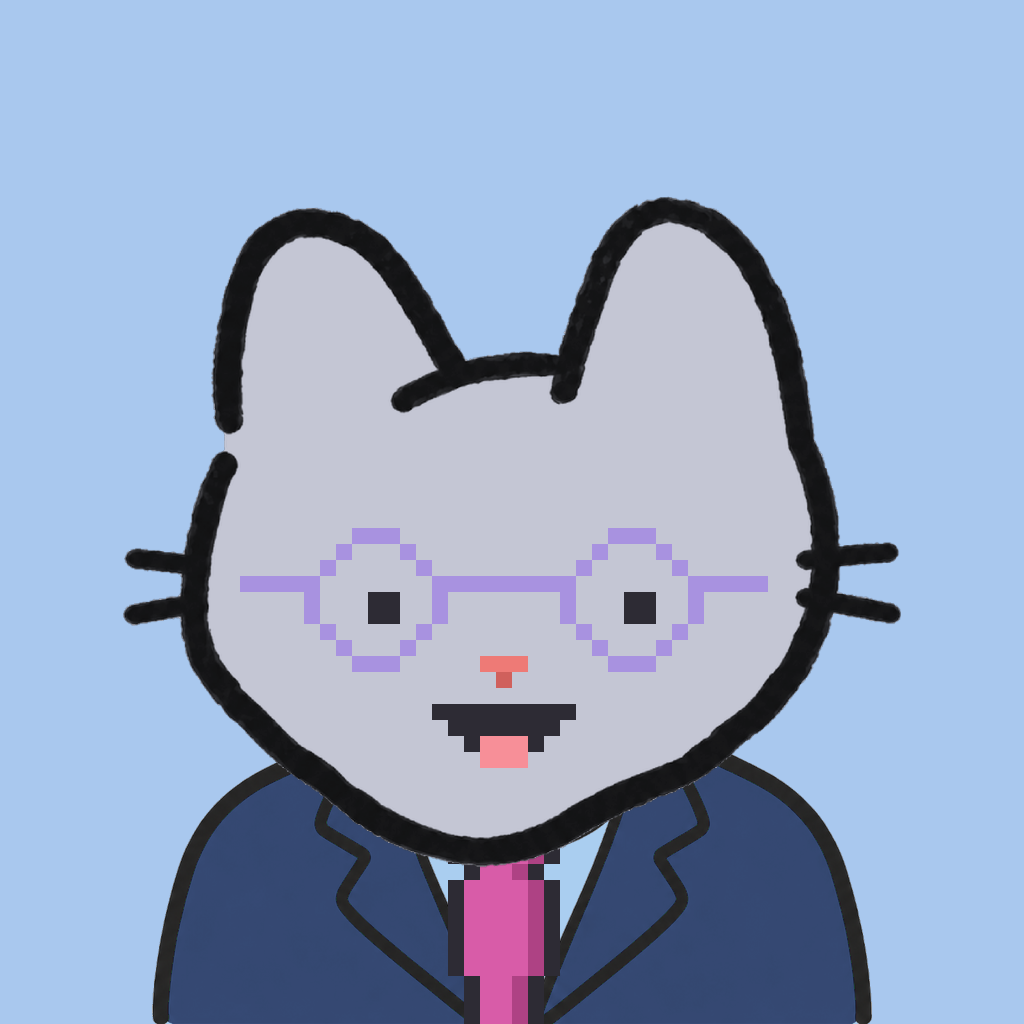 Employee #2869 — a gray cat, in a navy suit, with a magenta tie, wearing round-lavender glasses, on sky