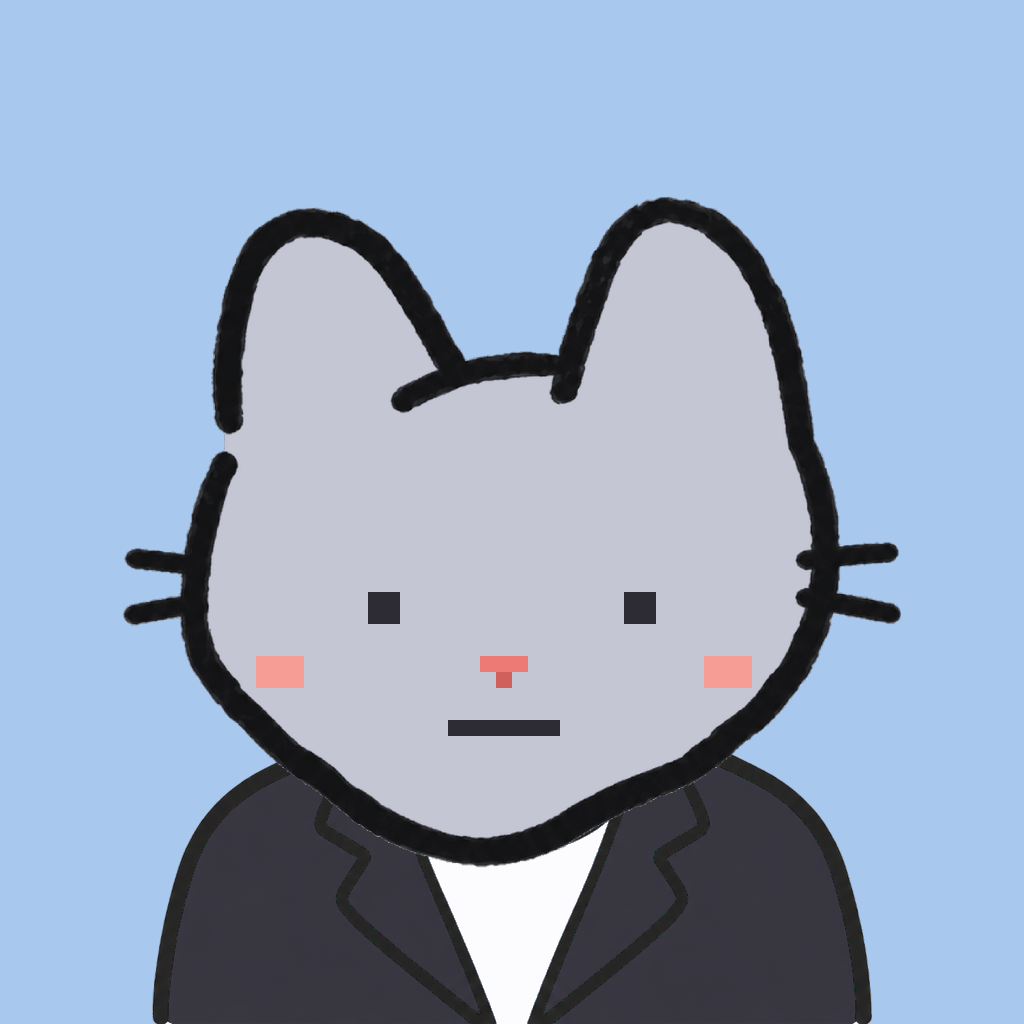 Employee #0287 — a gray cat, in a black suit, on sky