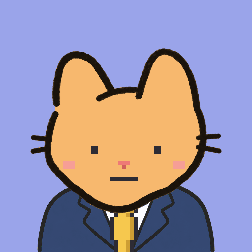 Employee #2870 — a tabby cat, in a navy suit, with a gold tie, on periwinkle