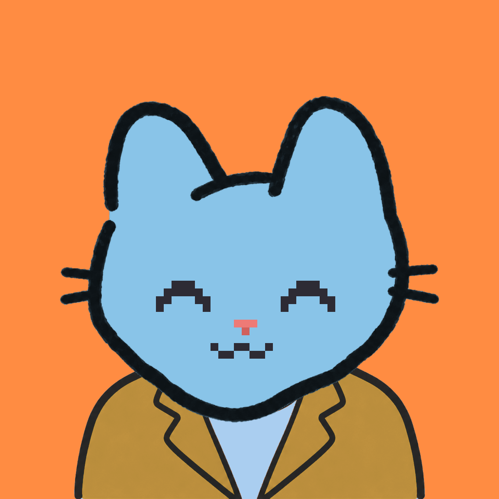 Employee #2871 — a sky cat, in a mustard suit, on tangerine