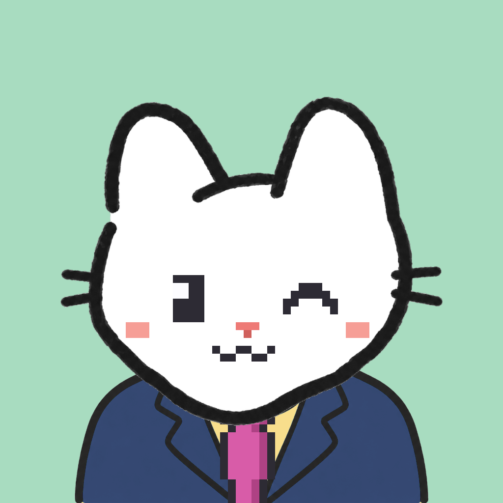 Employee #2872 — a white cat, in a navy suit, with a magenta tie, on mint