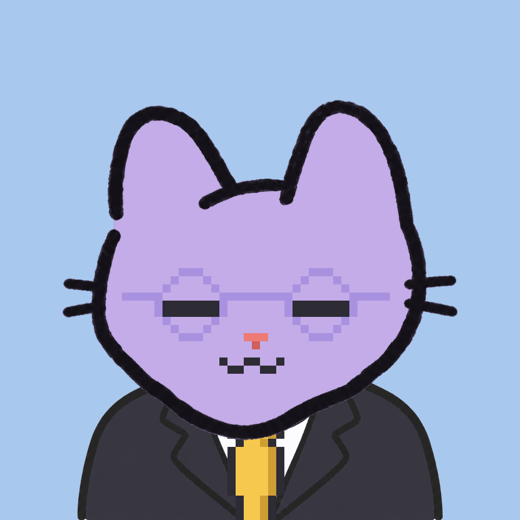 Employee #2874 — a lavender cat, in a black suit, with a gold tie, wearing round-lavender glasses, on sky