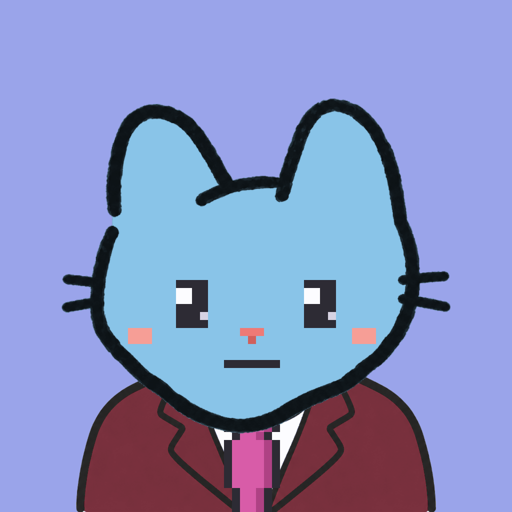 Employee #2875 — a sky cat, in a burgundy suit, with a magenta tie, on periwinkle