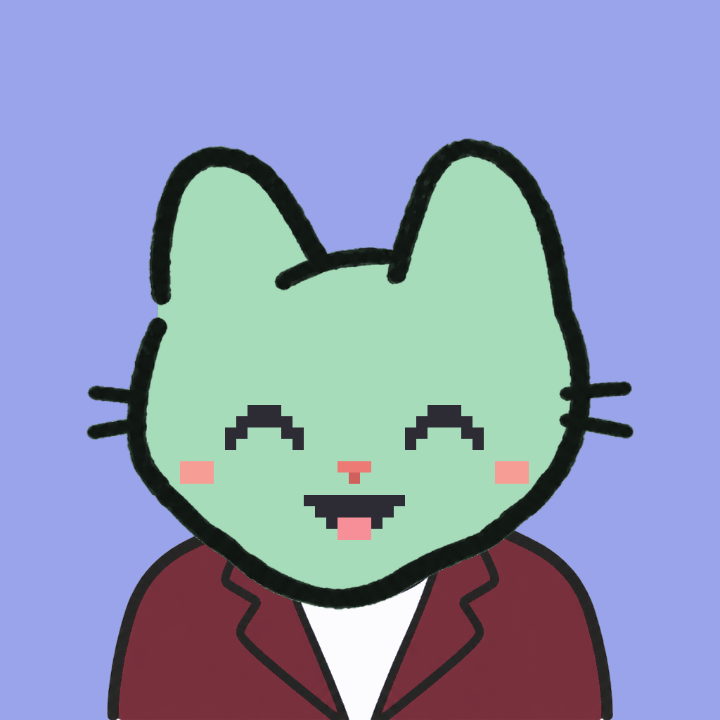 Employee #2876 — a mint cat, in a burgundy suit, on periwinkle