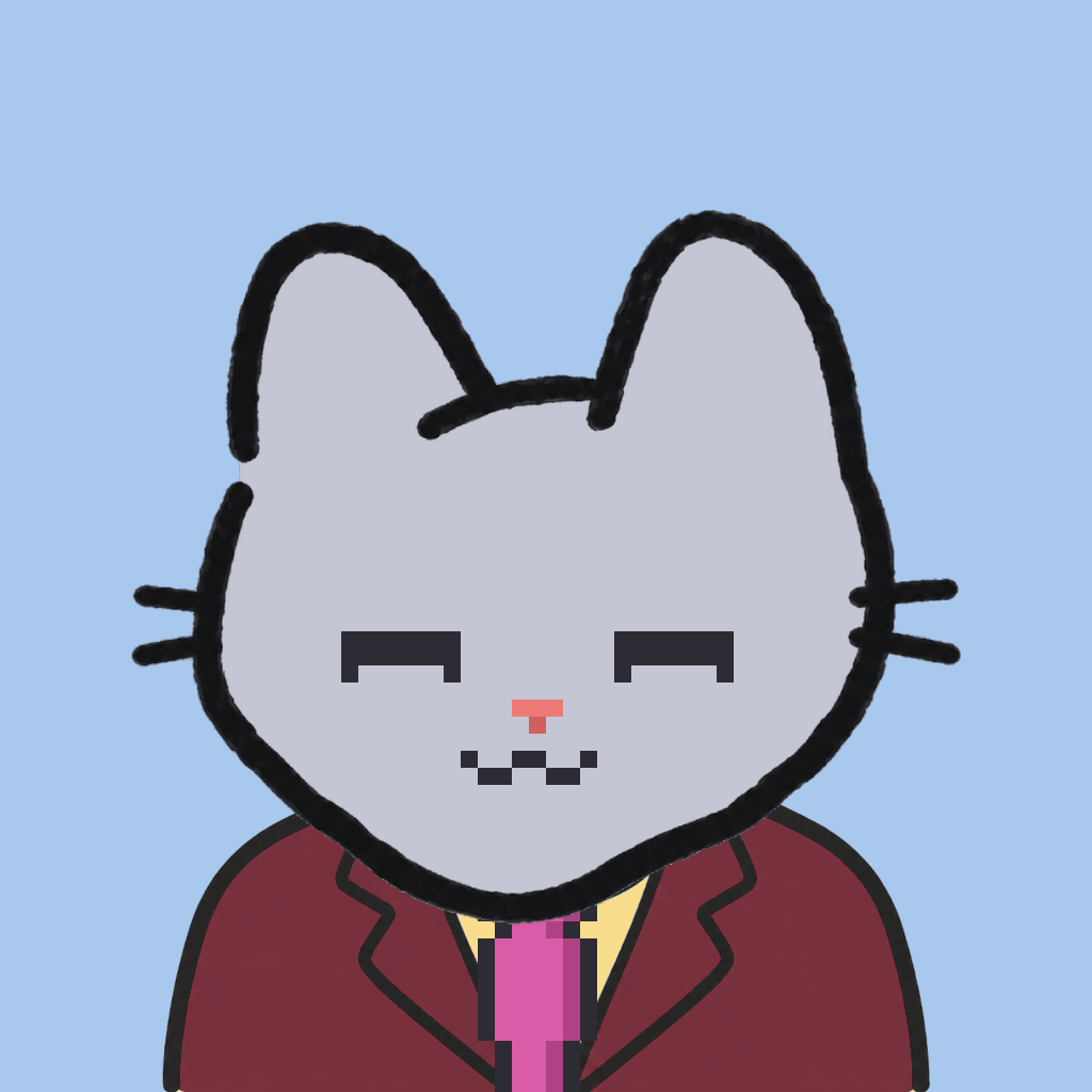 Employee #2877 — a gray cat, in a burgundy suit, with a magenta tie, on sky