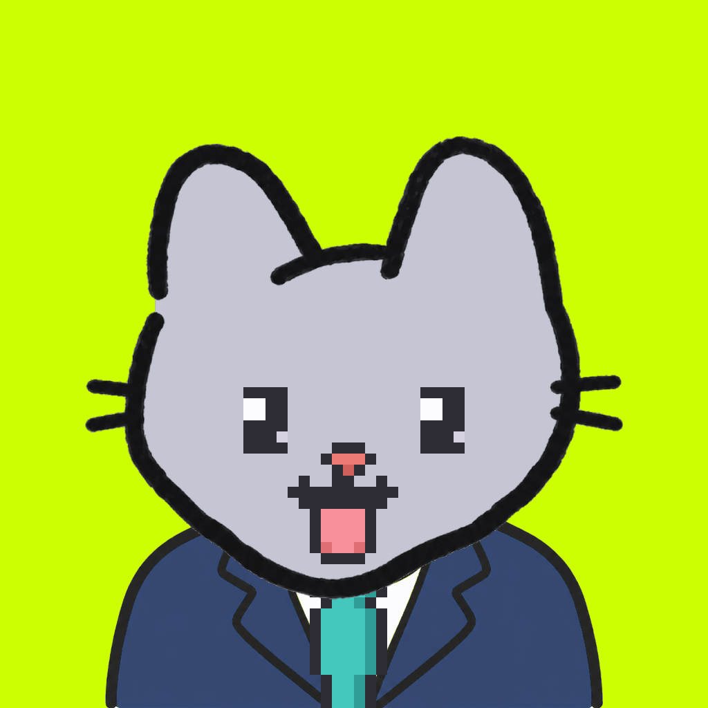 Employee #2878 — a gray cat, in a navy suit, with a teal tie, on volt