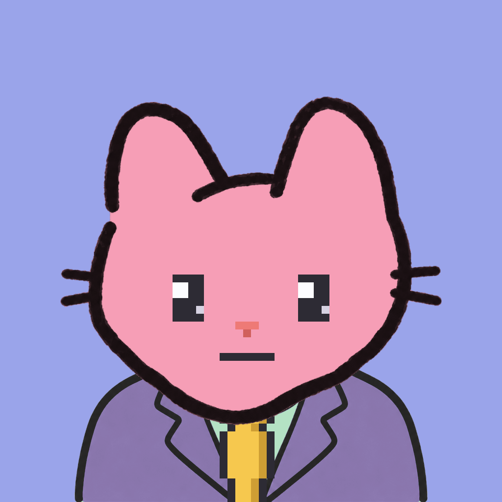 Employee #2879 — a pink cat, in a lavender suit, with a gold tie, on periwinkle