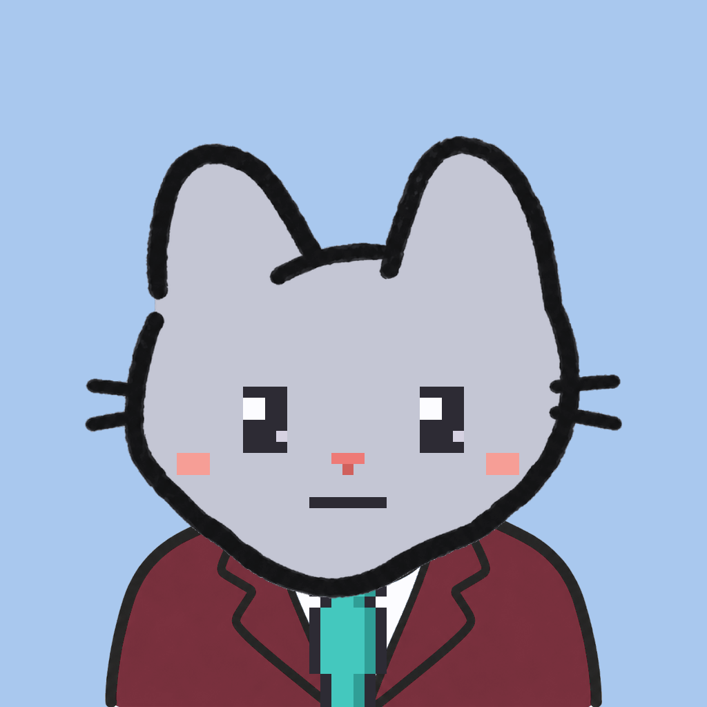 Employee #0288 — a gray cat, in a burgundy suit, with a teal tie, on sky