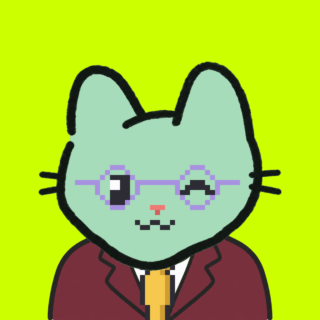 Employee #2880 — a mint cat, in a burgundy suit, with a gold tie, wearing round-lavender glasses, on volt