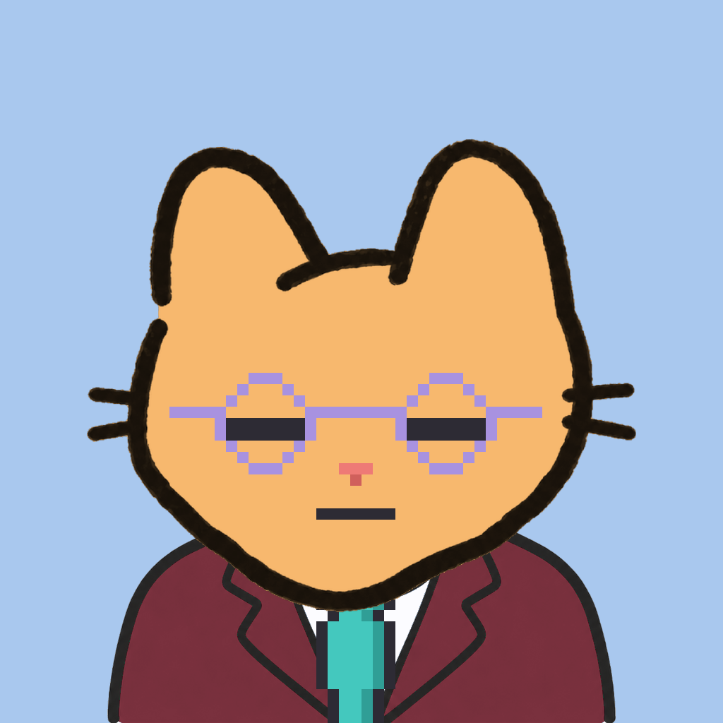 Employee #2881 — a tabby cat, in a burgundy suit, with a teal tie, wearing round-lavender glasses, on sky