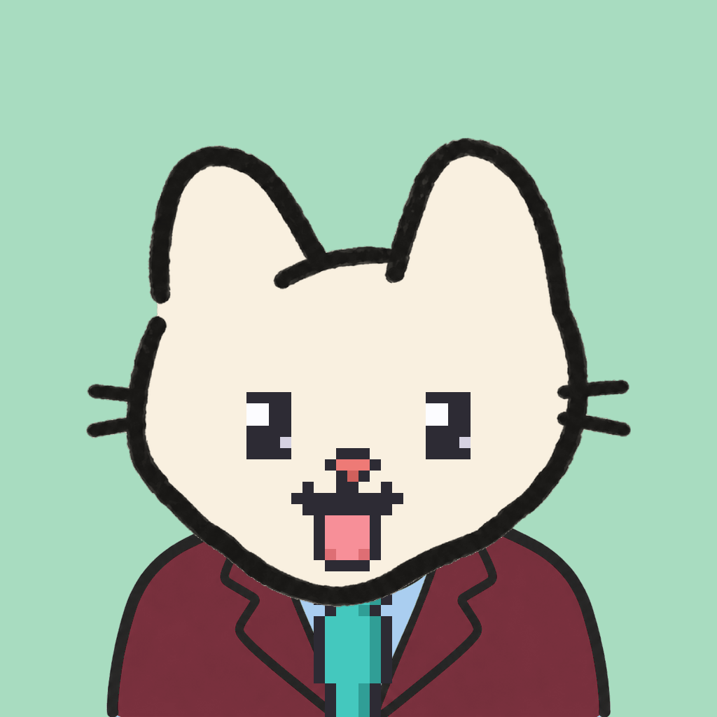 Employee #2882 — a cream cat, in a burgundy suit, with a teal tie, on mint