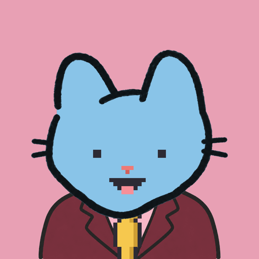 Employee #2883 — a sky cat, in a burgundy suit, with a gold tie, on rose