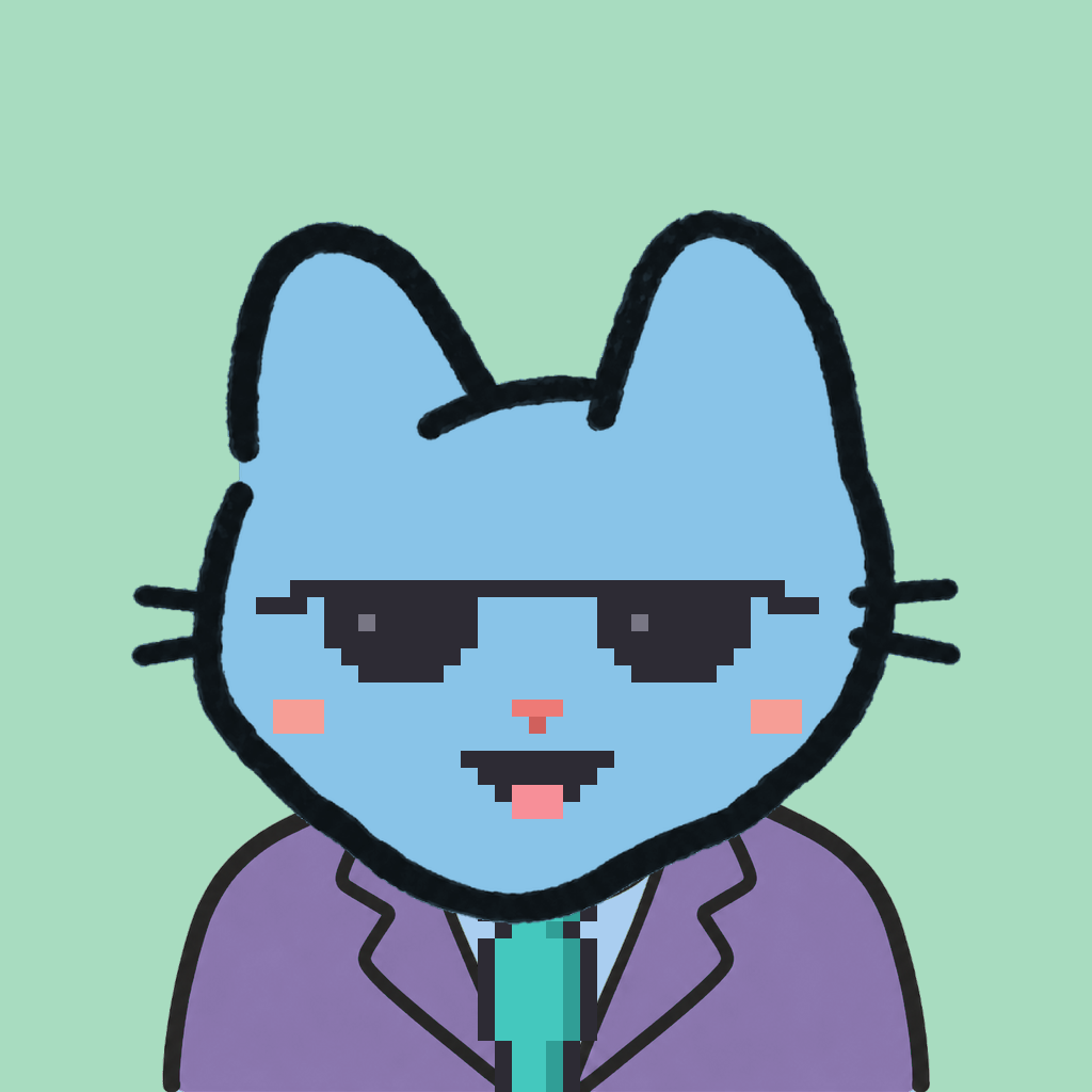 Employee #2884 — a sky cat, in a lavender suit, with a teal tie, wearing shades glasses, on mint