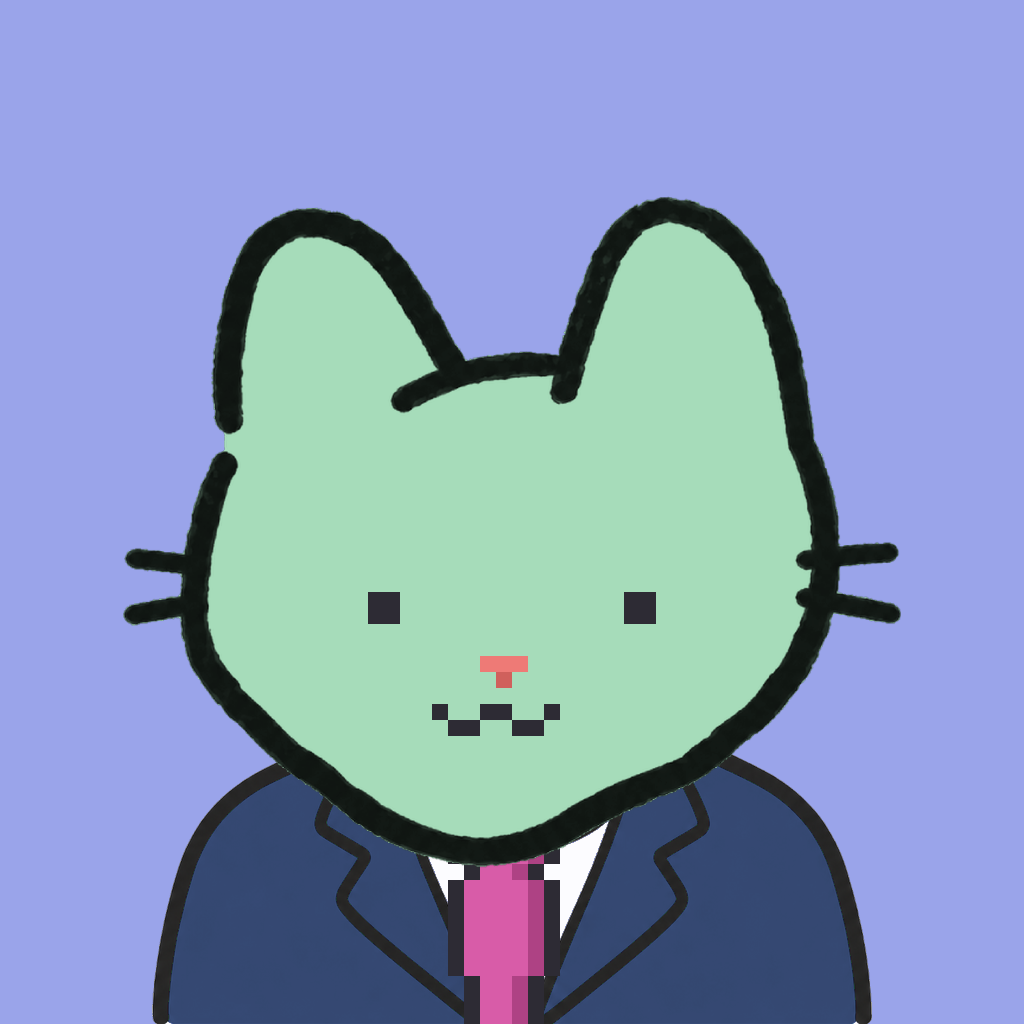 Employee #2885 — a mint cat, in a navy suit, with a magenta tie, on periwinkle