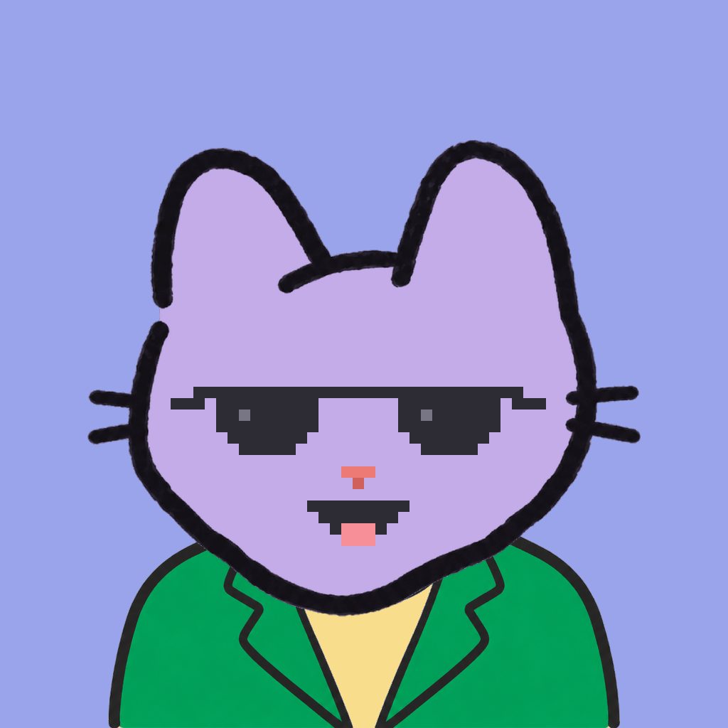 Employee #2886 — a lavender cat, in a green suit, wearing shades glasses, on periwinkle