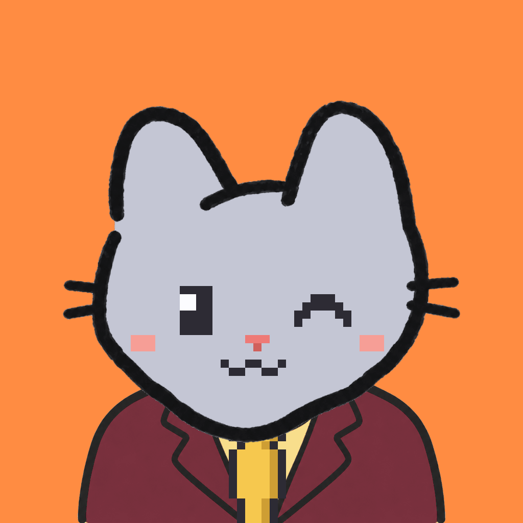 Employee #2887 — a gray cat, in a burgundy suit, with a gold tie, on tangerine