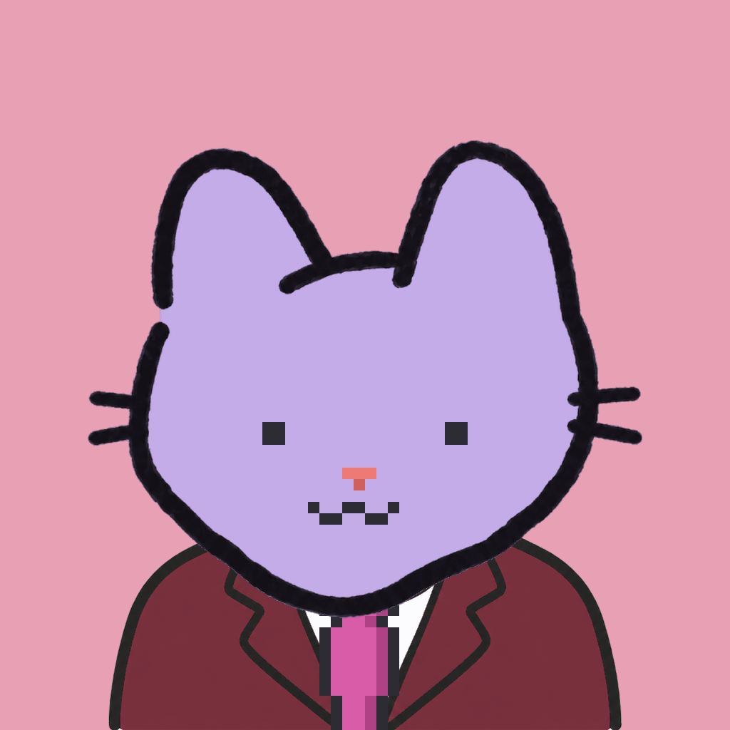 Employee #2888 — a lavender cat, in a burgundy suit, with a magenta tie, on rose